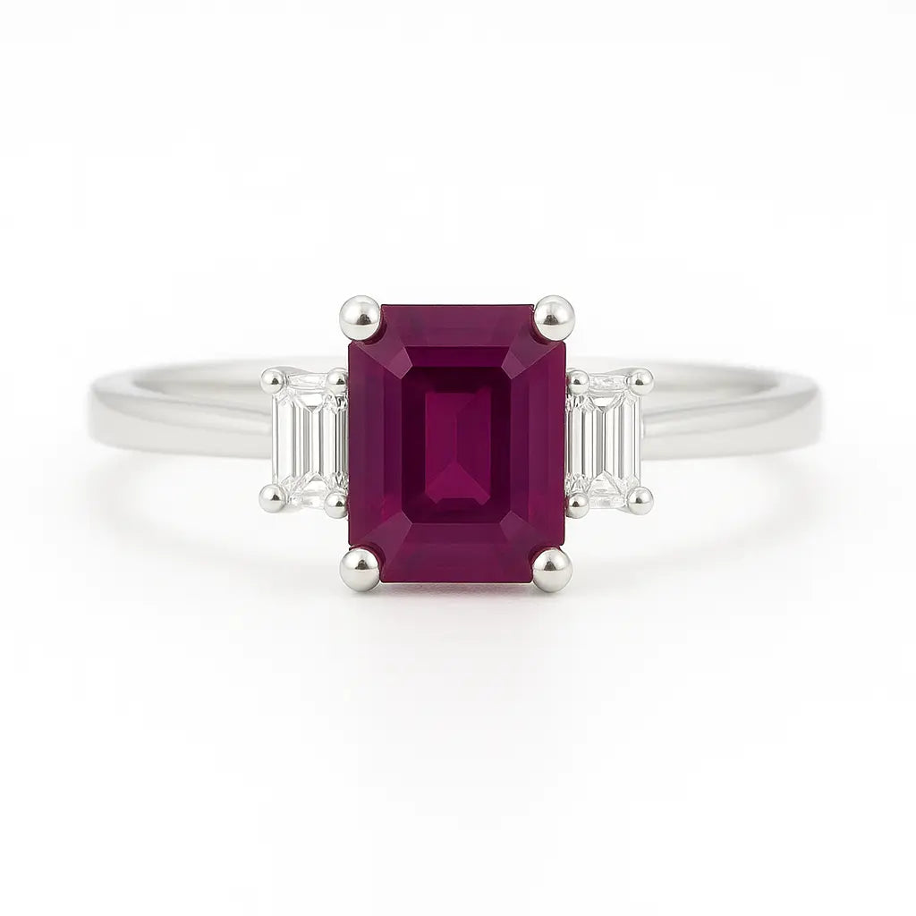 1.18ct Ruby Engagement Ring – Emerald Cut, Baguette Sides, 18K Gold Chloe's Jewellers