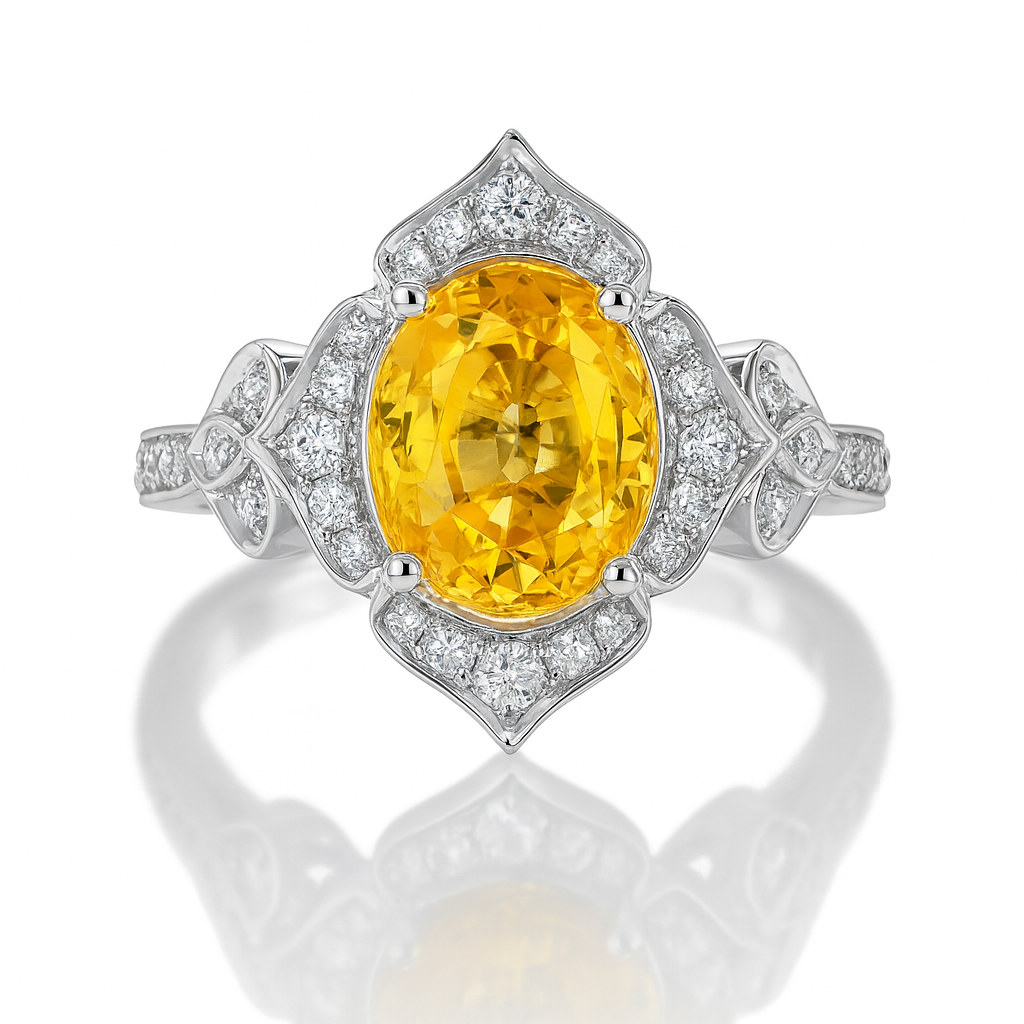 1.47ct Yellow Sapphire Ring – Oval Halo, 18K Gold, F VS1 Diamonds