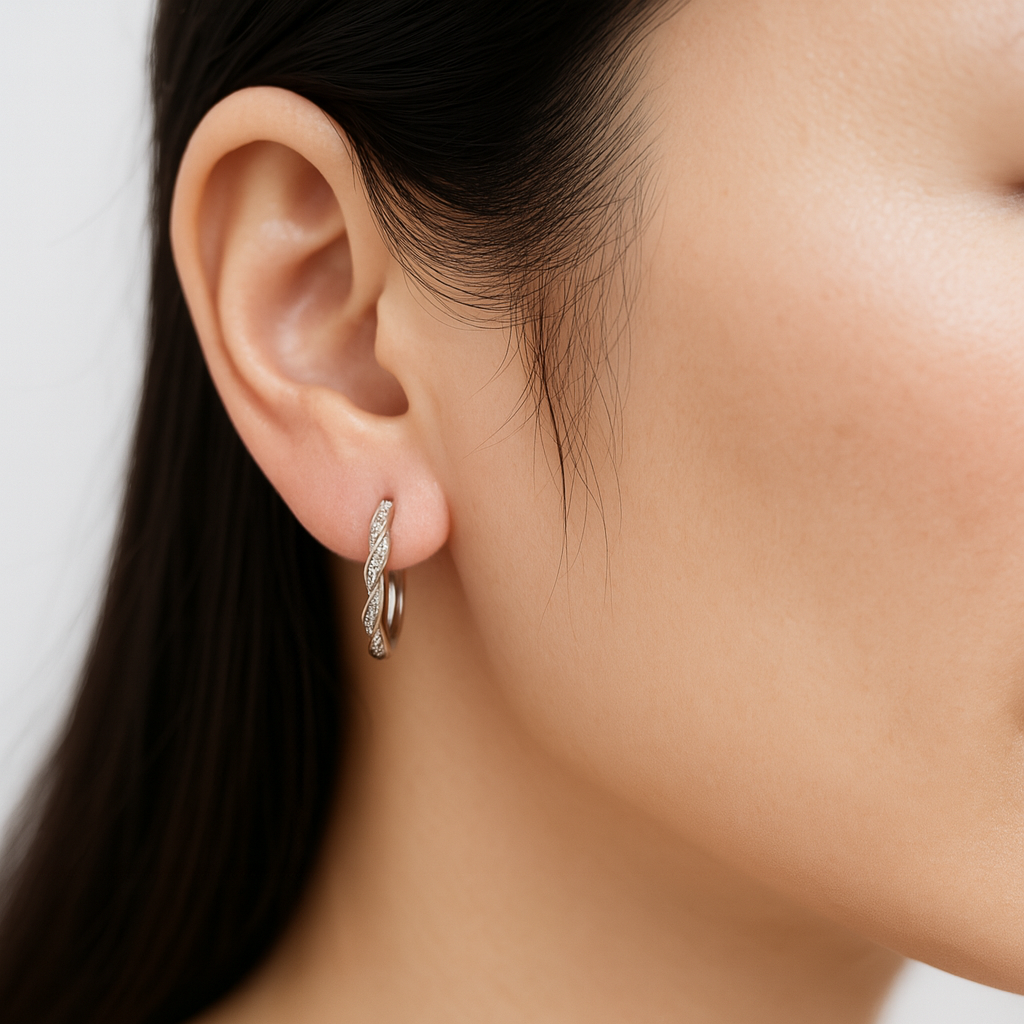 18K White Twisted Design Round Diamond Hoop Earrings 0.46CT