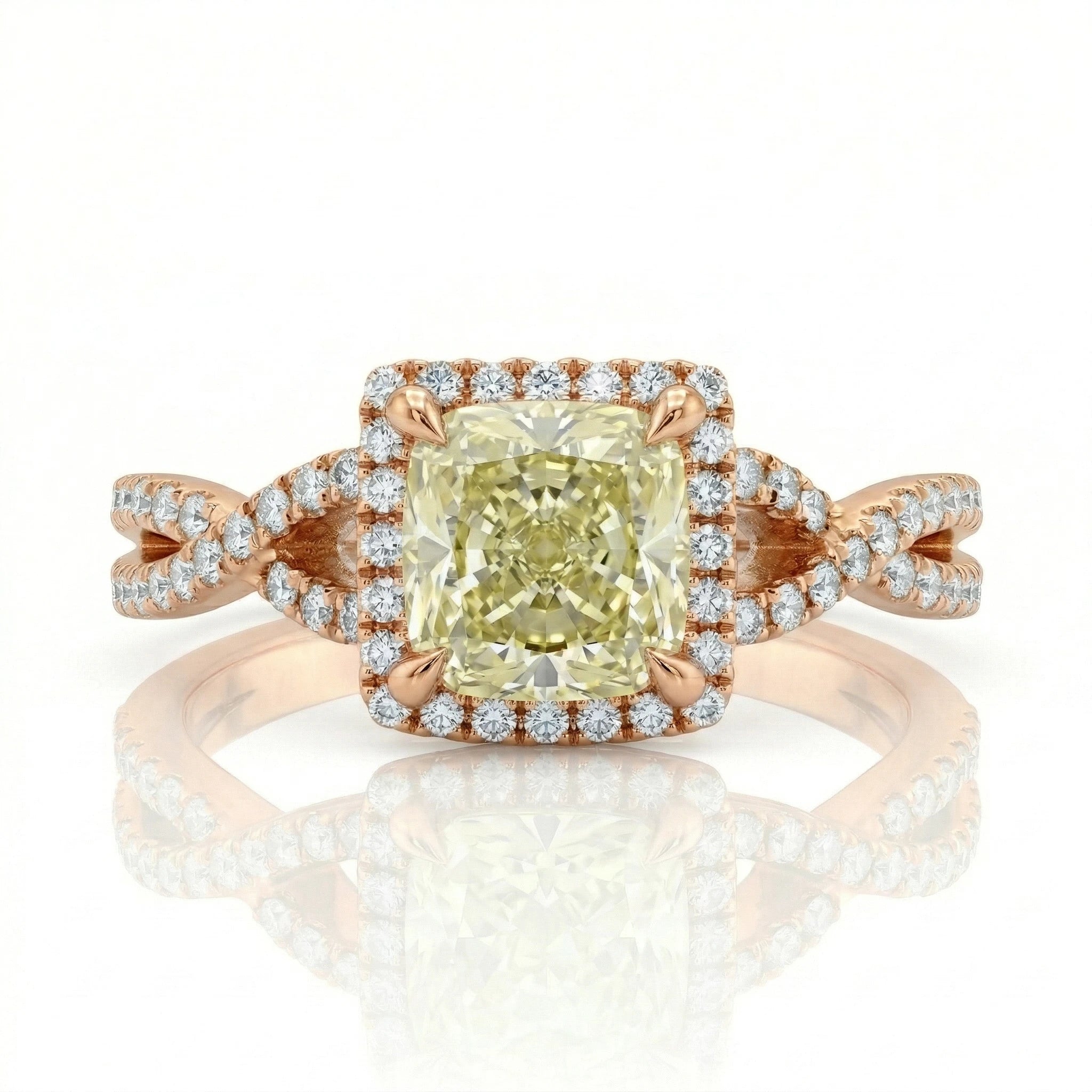 1.02ct GIA Natural Fancy Green Yellow Cushion Cut Halo Set Engagement Ring Chloe's Jewellers