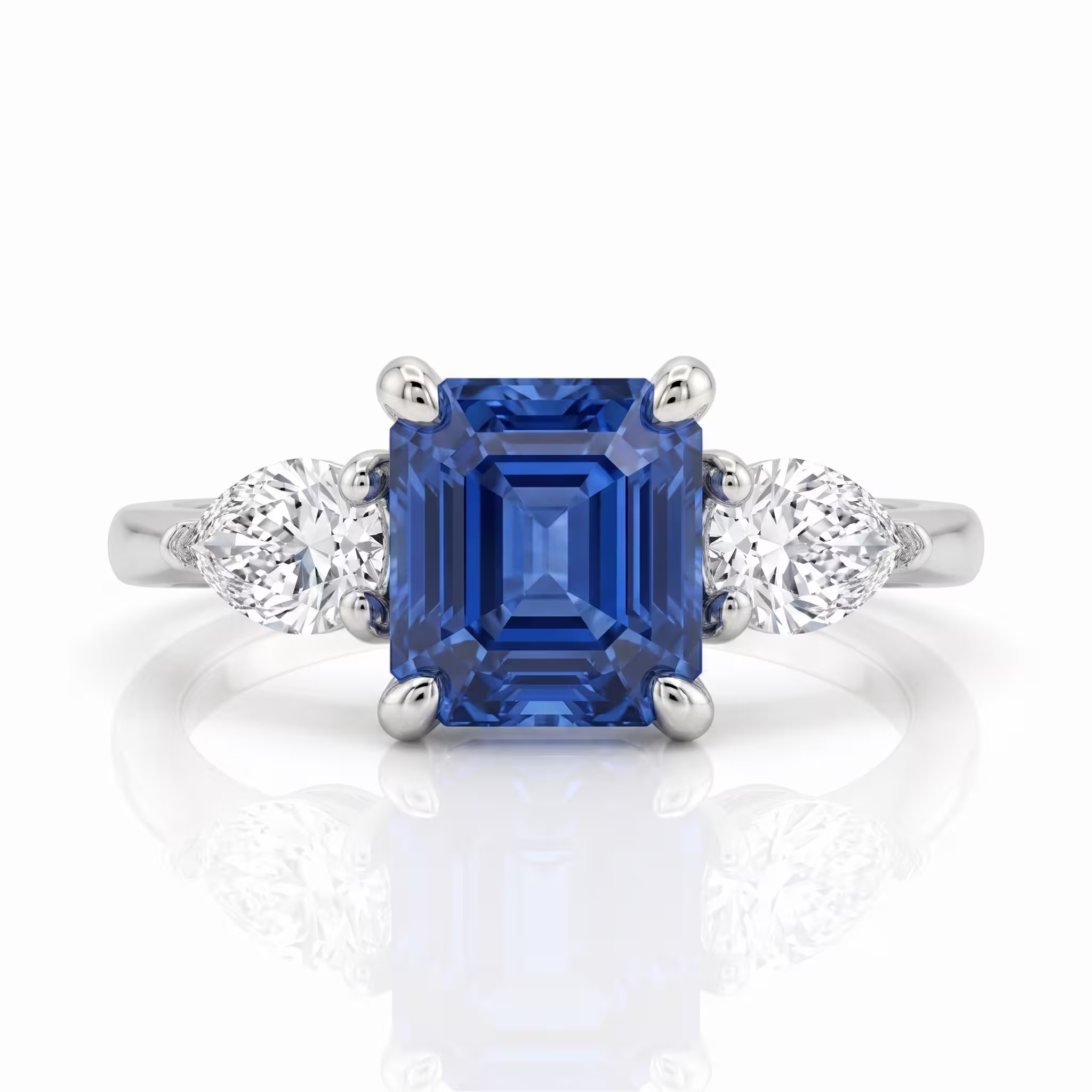 1.51ct Square Emerald Cut Blue Sapphire Side Pear Stone Engagement Ring - Platinum Chloe's Jewellers