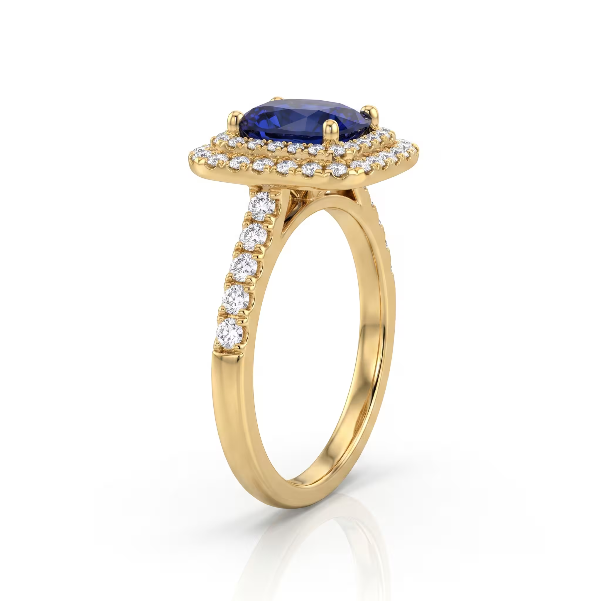 1.10ct Cushion Cut Blue Sapphire Double Halo Set Engagement Ring - 18K Gold Chloe's Jewellers