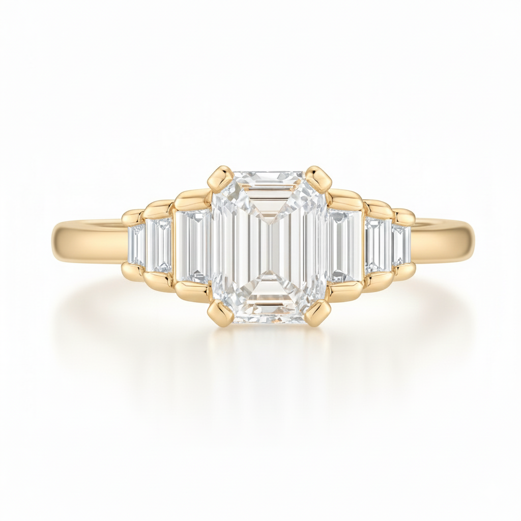 Natural Emerald Cut Diamond Shoulder Stone Setting Engagement Ring 0.71CT