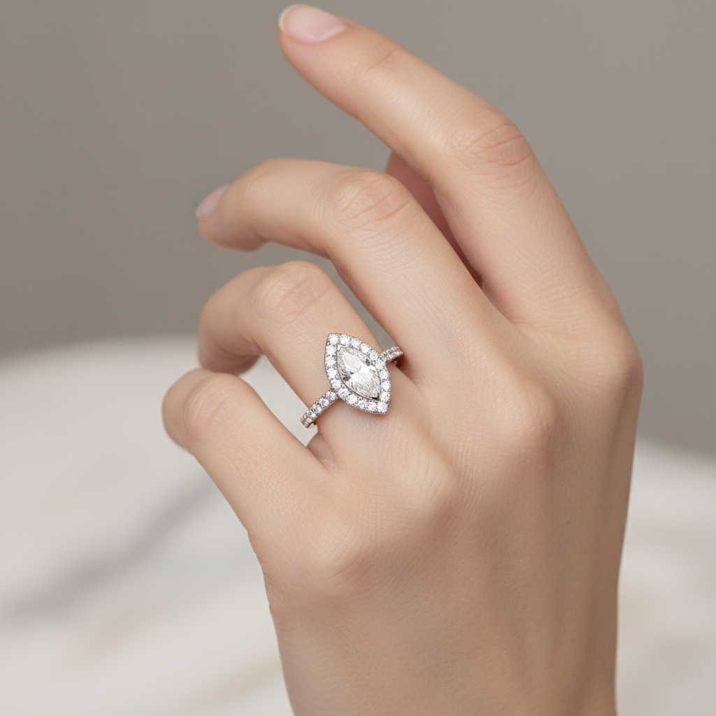 18k White Gold 0.50ct Marquise Diamond Halo Engagement Ring