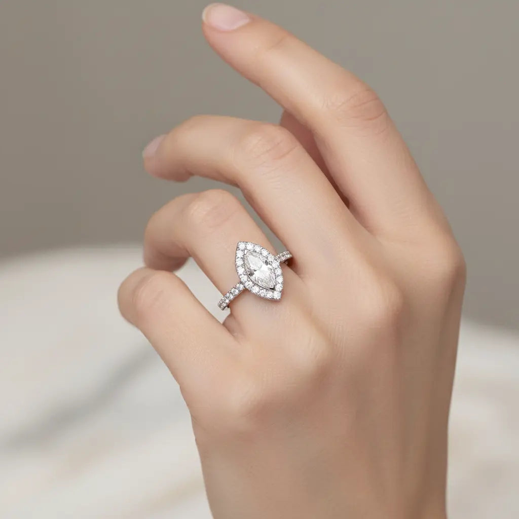 18k White Gold 0.50ct Marquise Diamond Halo Engagement Ring Chloe's Jewellers