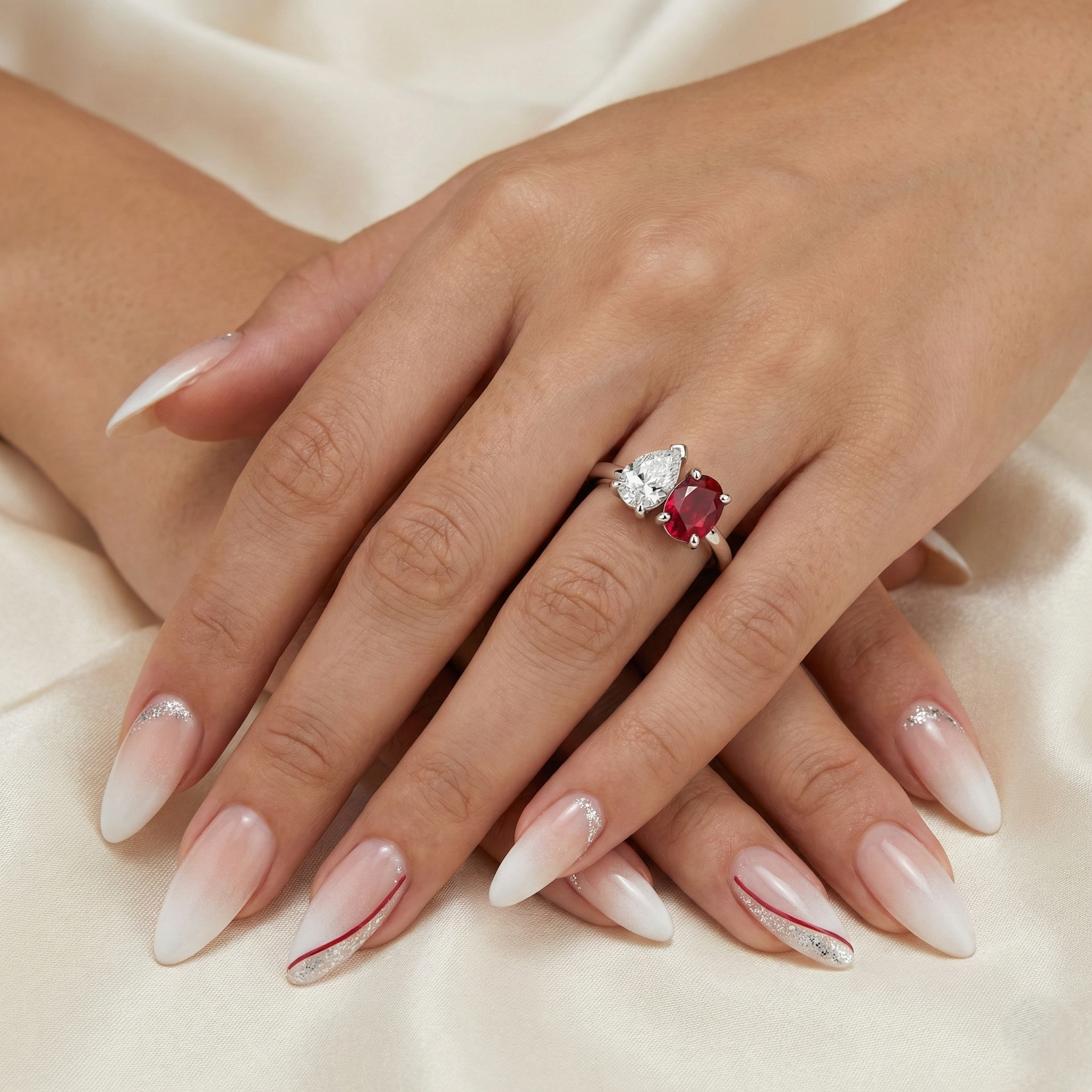 2 Stones Natural Pear & Burma Ruby Cushion Cut Engagement Ring