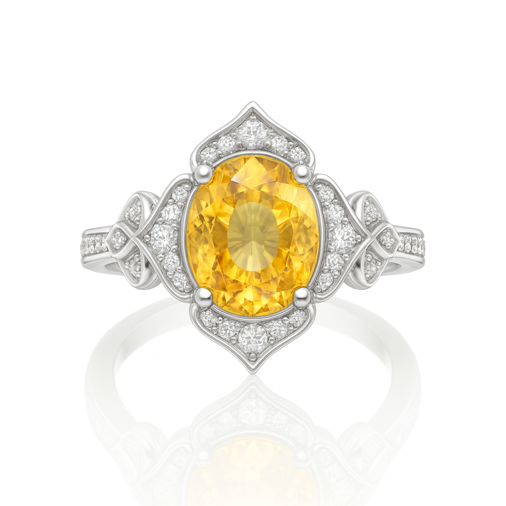 1.47ct Yellow Sapphire Ring – Oval Halo, 18K Gold, F VS1 Diamonds