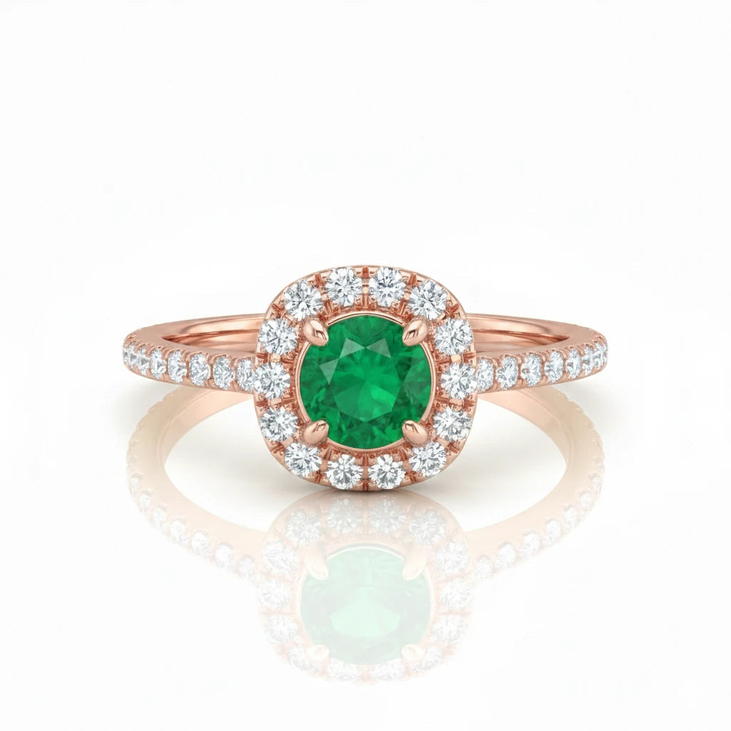 0.38ct Round Cut Emerald Halo Setting Engagement Ring 18K Gold Chloe's Jewellers
