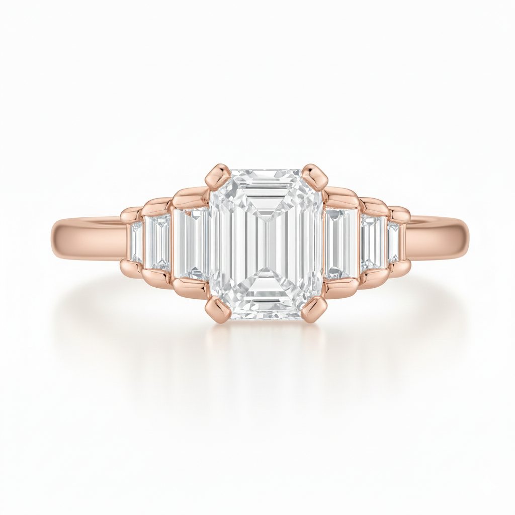 Natural Emerald Cut Diamond Shoulder Stone Setting Engagement Ring 0.71CT