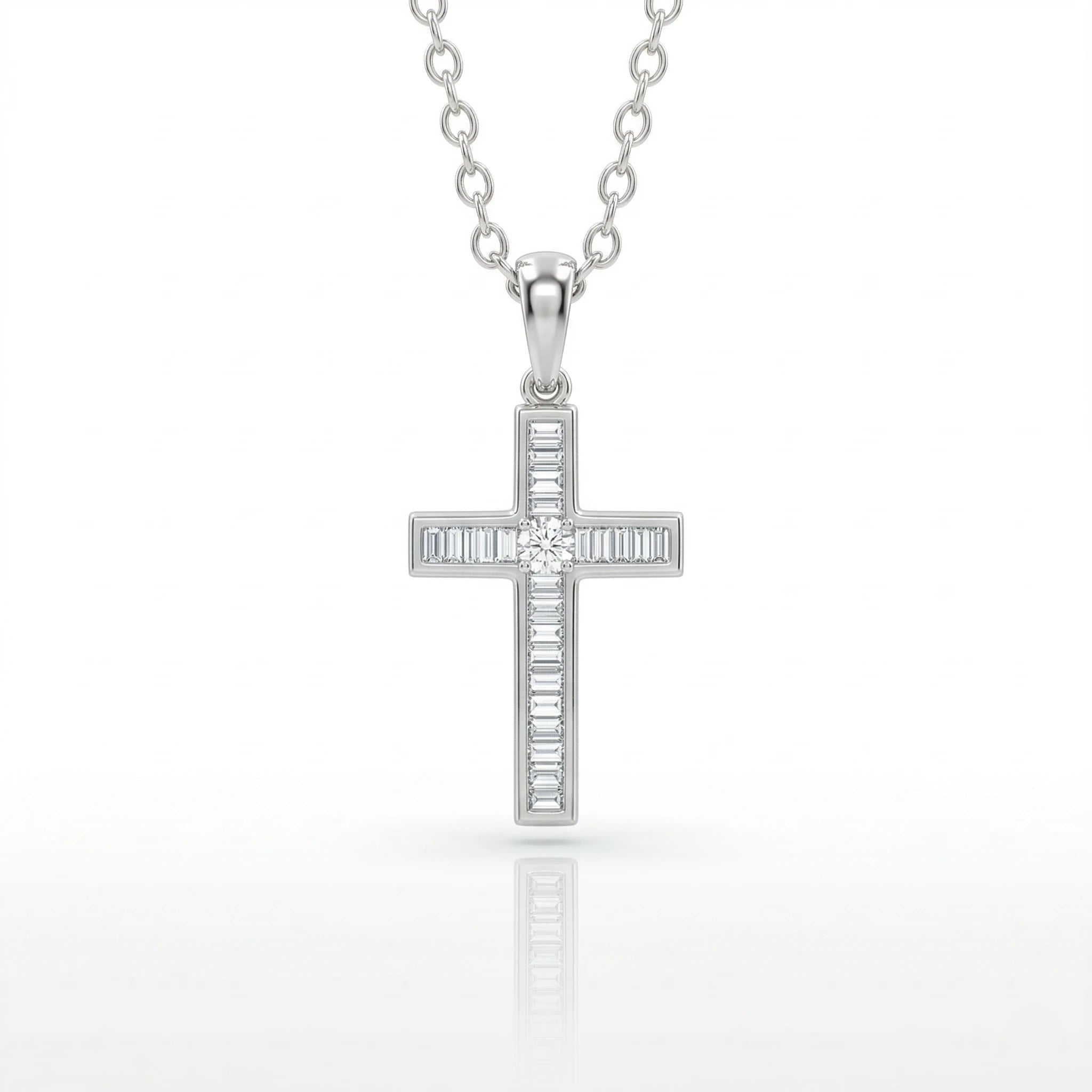 0.20ct Mix Round & Baguette Natural Diamond Cross Pendant Necklace in 18K White Gold