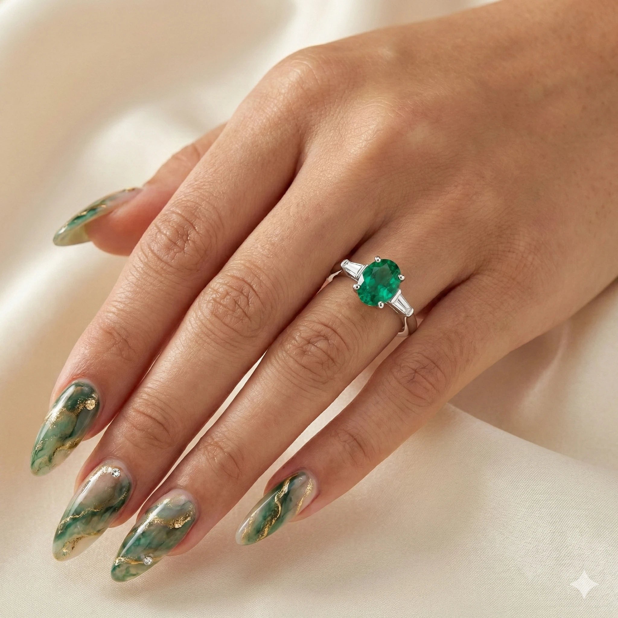 0.60ct Oval Cut Emerald Engagement Ring with Two Side Stones Chloe's Jewellers