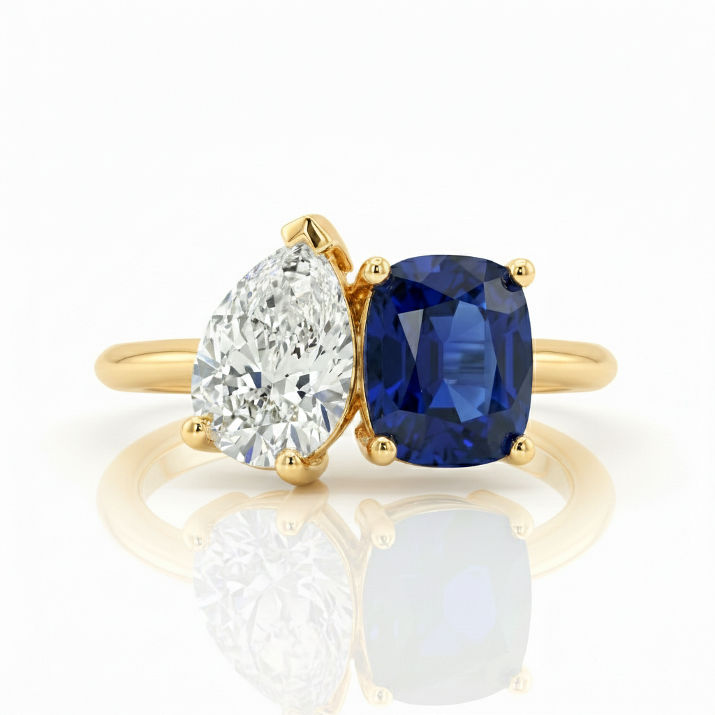 2 Stones Natural Pear & Blue Sapphire Cushion Cut Engagement Ring Chloe's Jewellers