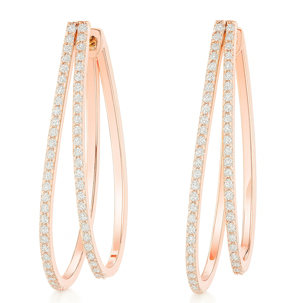 Double Oval Grain Set Diamond Gold Hoop Earrings