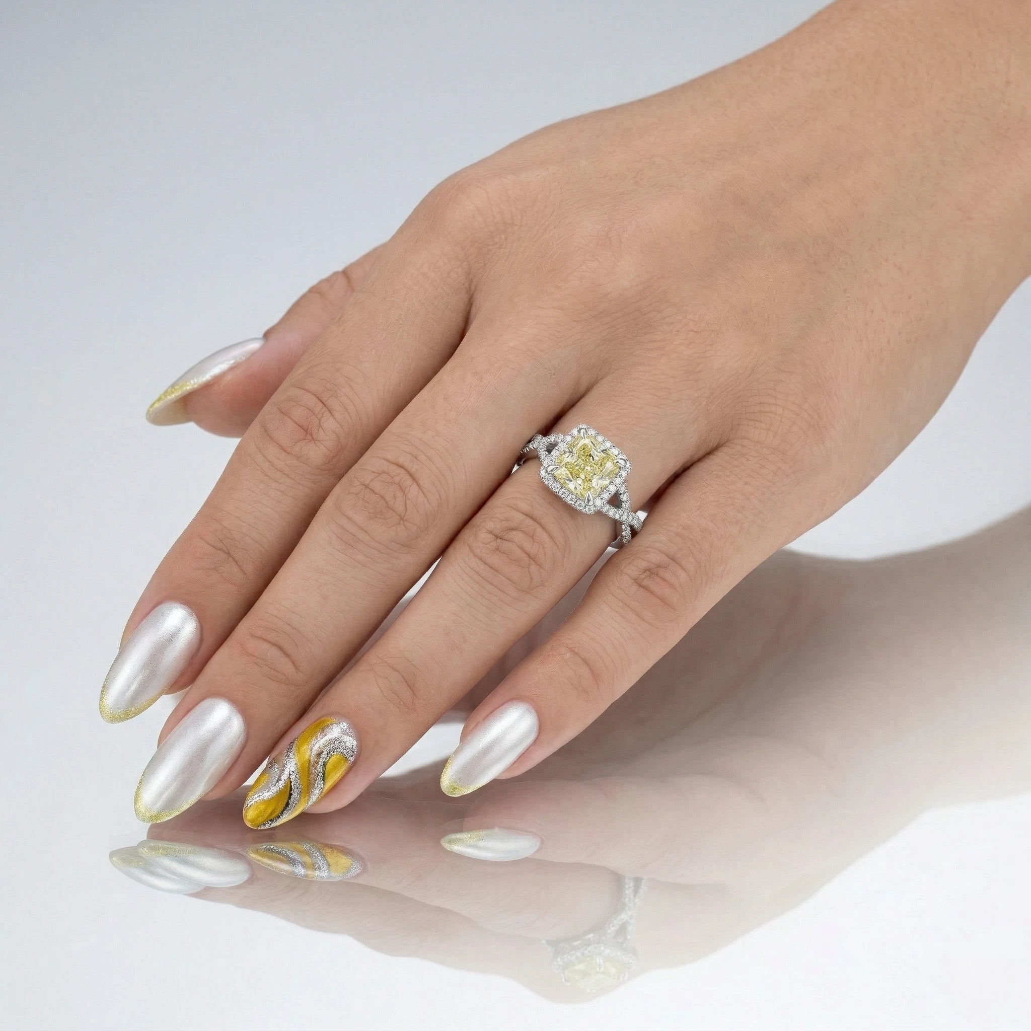 1.02ct GIA Natural Fancy Green Yellow Cushion Cut Halo Set Engagement Ring Chloe's Jewellers