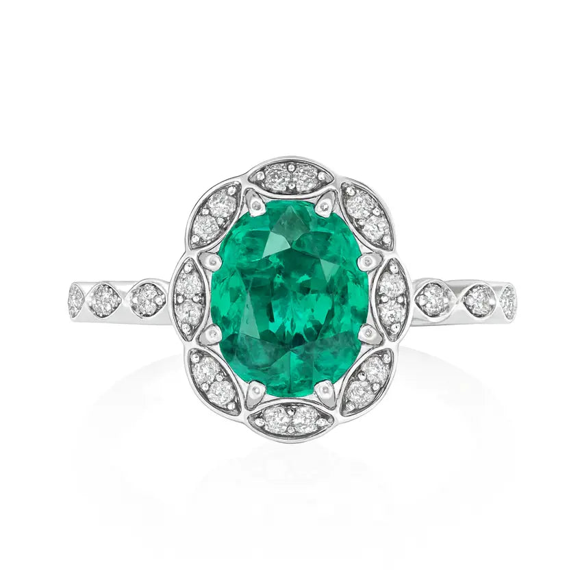 2.02ct Emerald Engagement Ring – Oval Halo, 18K Gold, F VS1 Diamonds Chloe's Jewellers