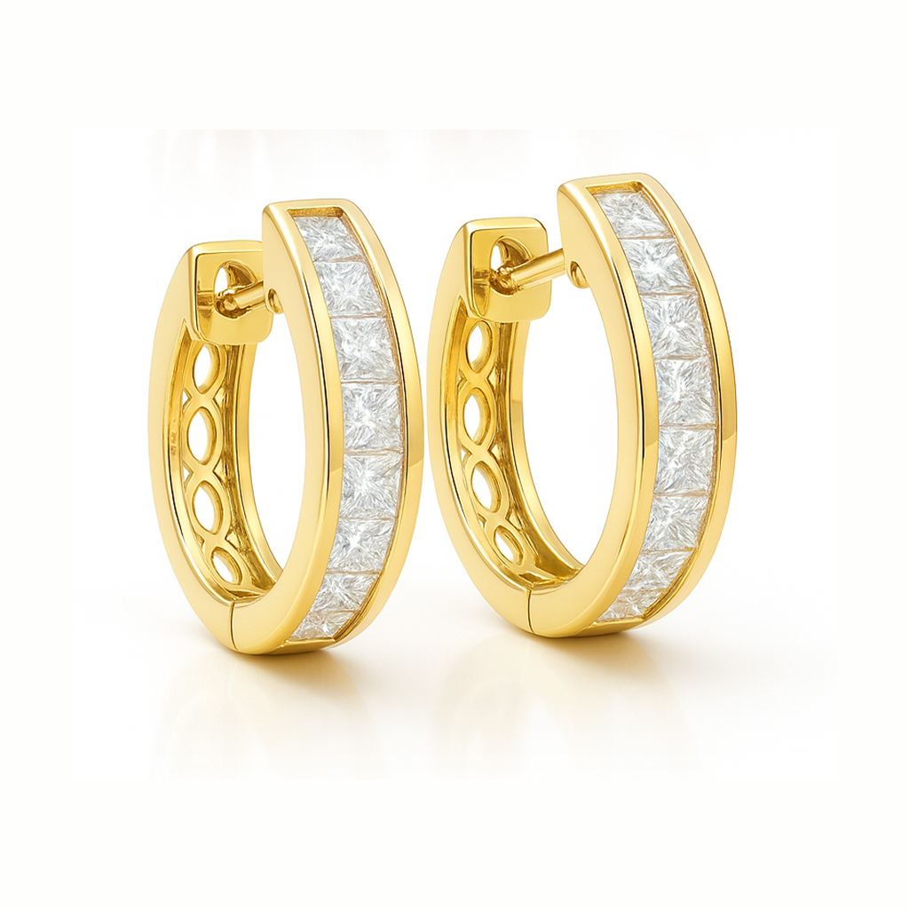 18K White Gold Channel Set Princess Diamond Hoop Earrings 0.23CT