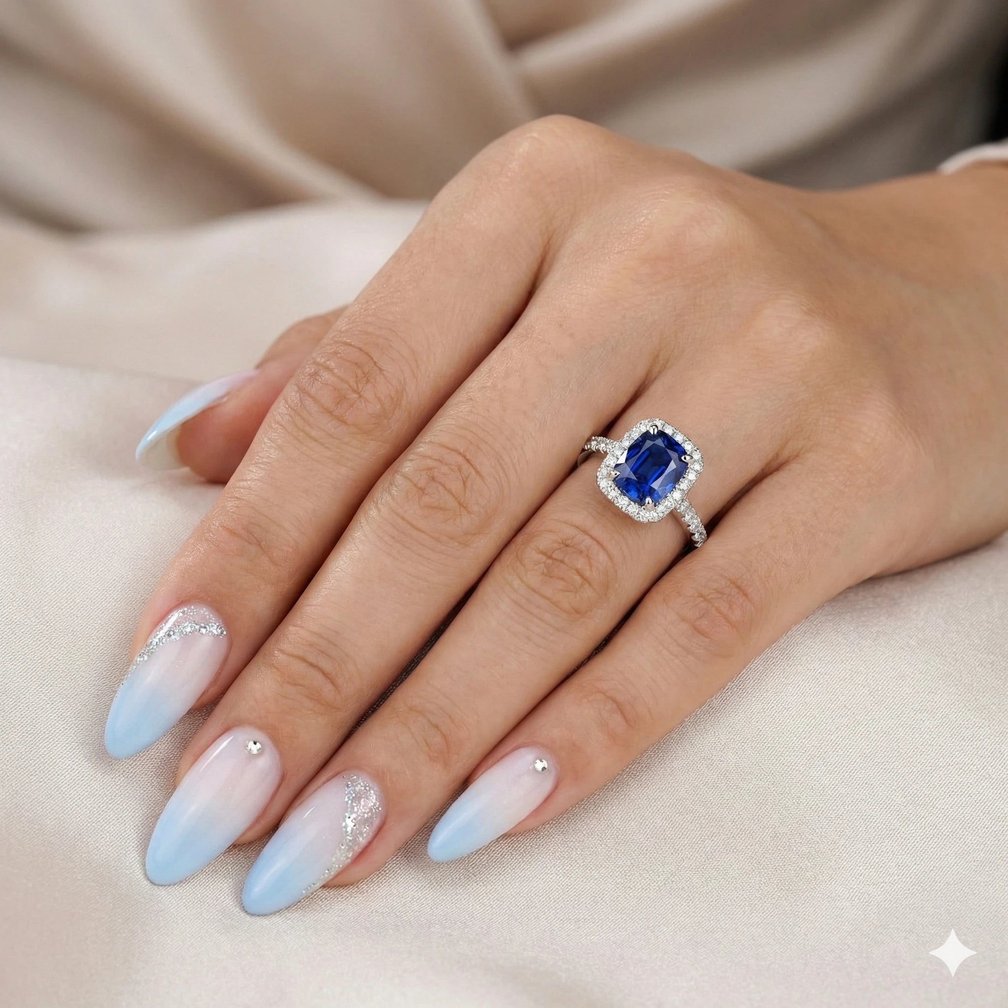 1.50ct Cushion Cut Blue Sapphire Halo Setting Engagement Ring Chloe's Jewellers