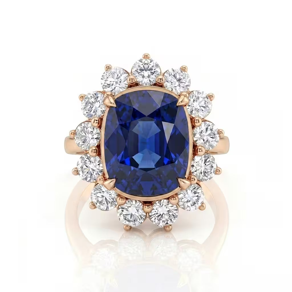 5.13ct Elongated Cushion Cut Sri Lanka Blue Sapphire Halo Setting Engagement Ring - Platinum Chloe's Jewellers