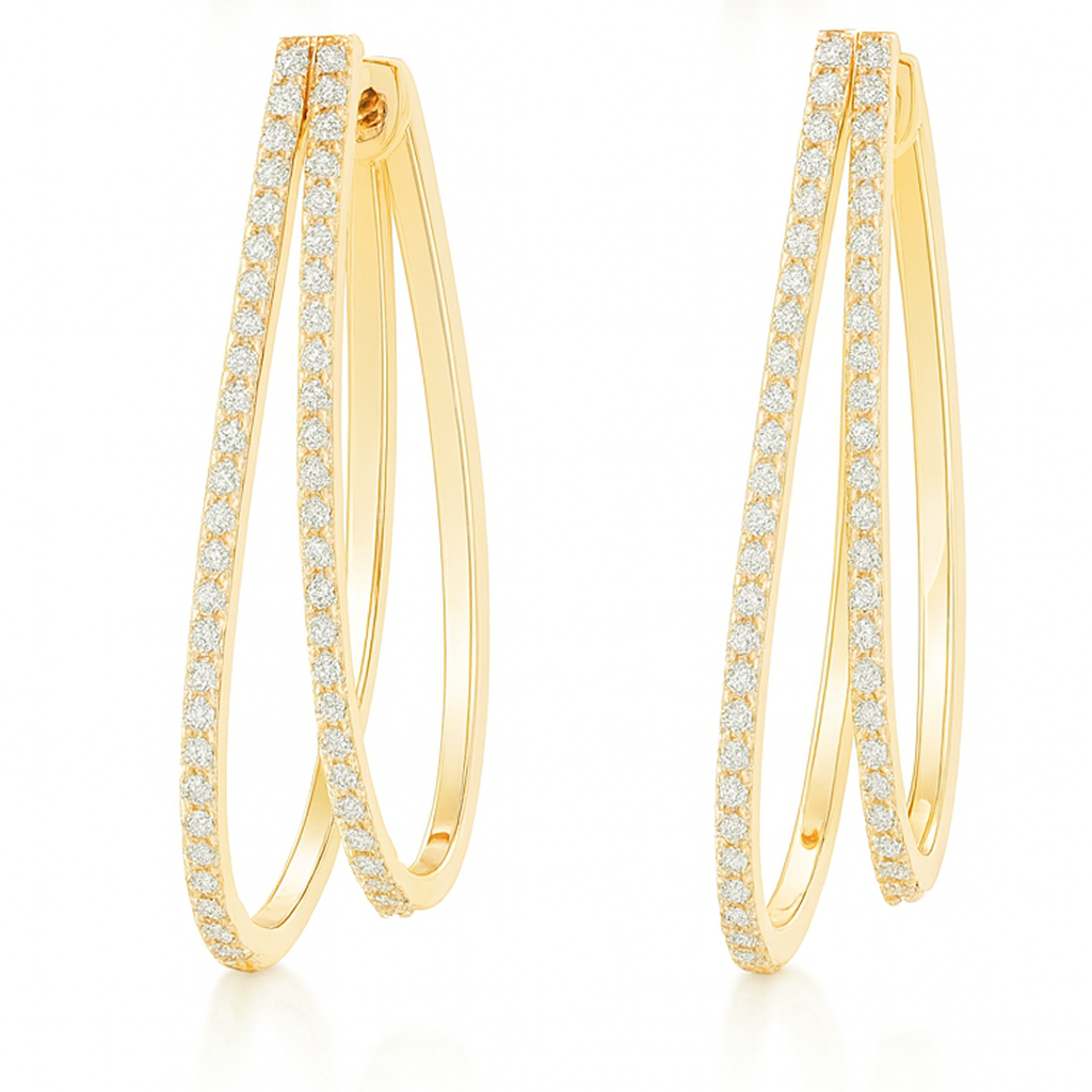 Double Oval Grain Set Diamond Gold Hoop Earrings
