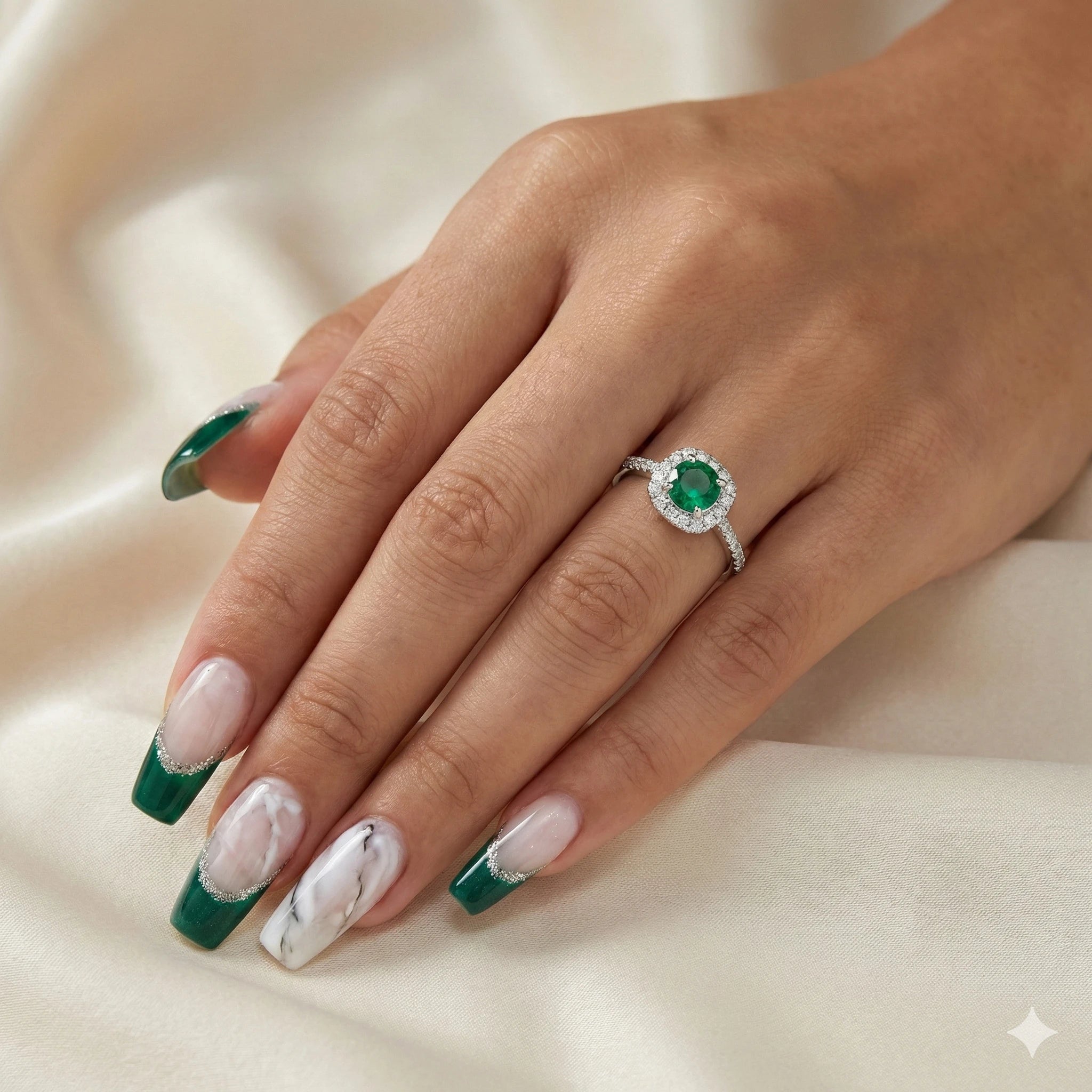 0.38ct Round Cut Emerald Halo Setting Engagement Ring 18K Gold Chloe's Jewellers