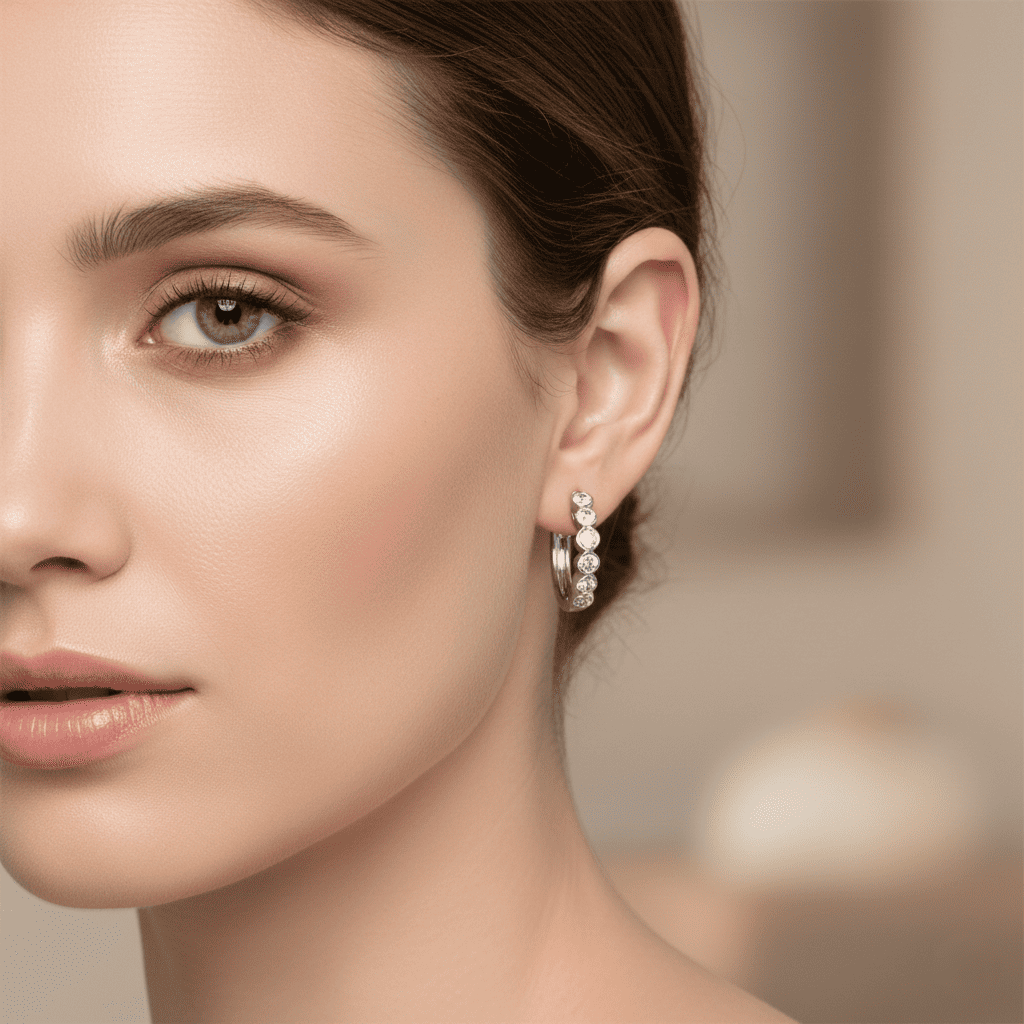 18K White Gold Bezel Set Brilliant Cut Diamond Round Hoop Earrings 0.24CT