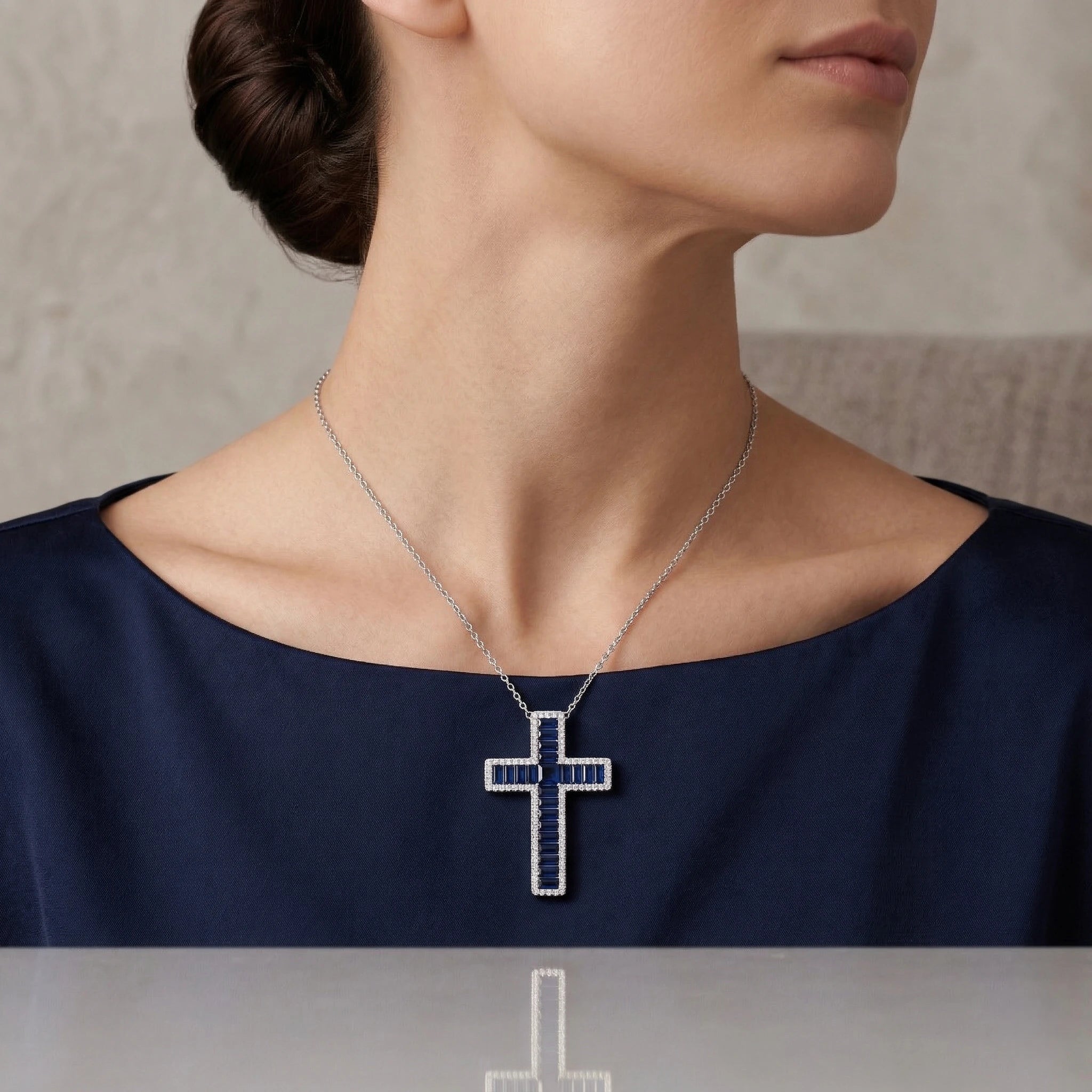 2.26ct Blue Sapphire & 0.56ct Natural Diamond Cross Pendant Necklace in 18K White Gold Chloe's Jewellers