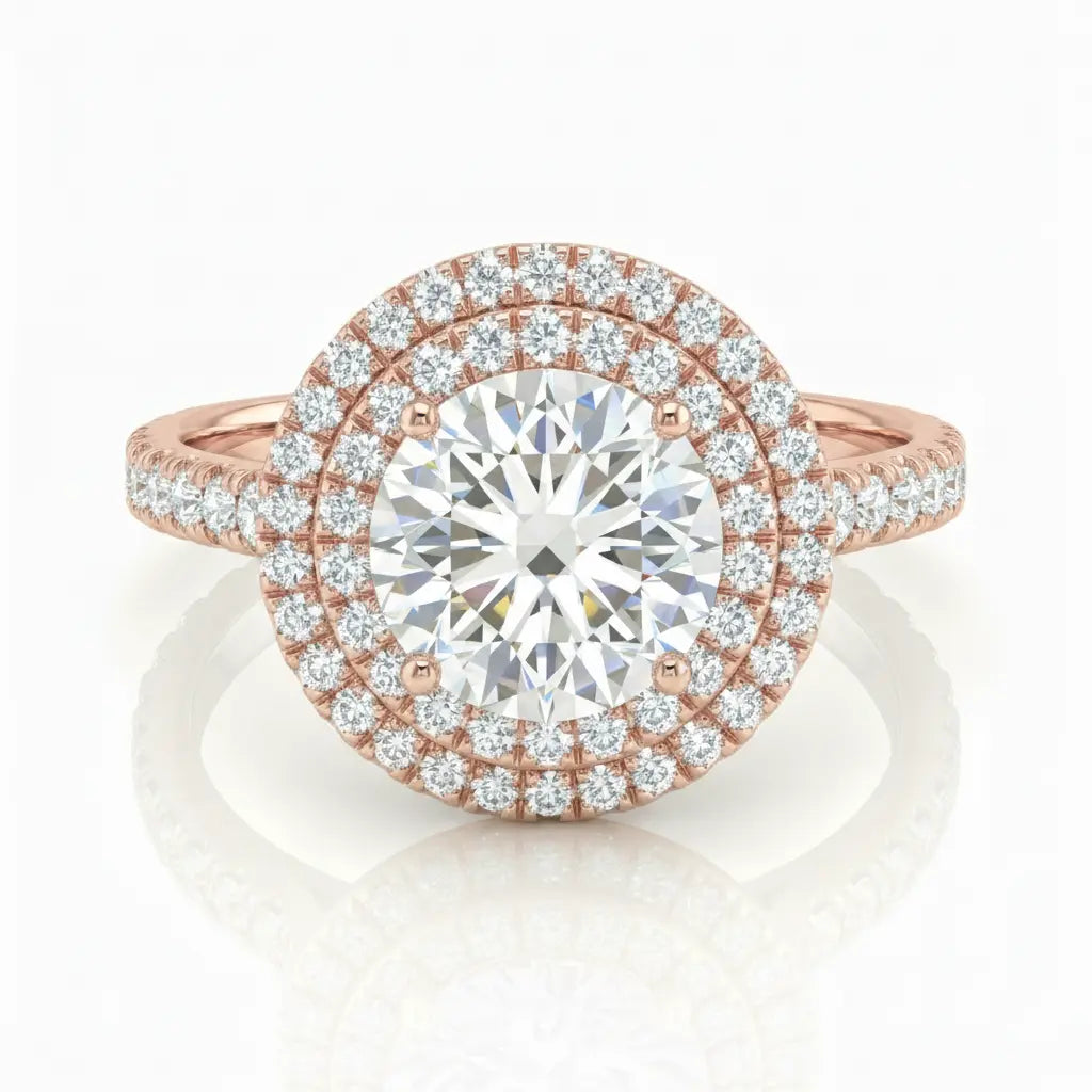1.09ct Lab Diamond Ring – Double Halo, 18K Gold, Natural Side Stones Chloe's Jewellers