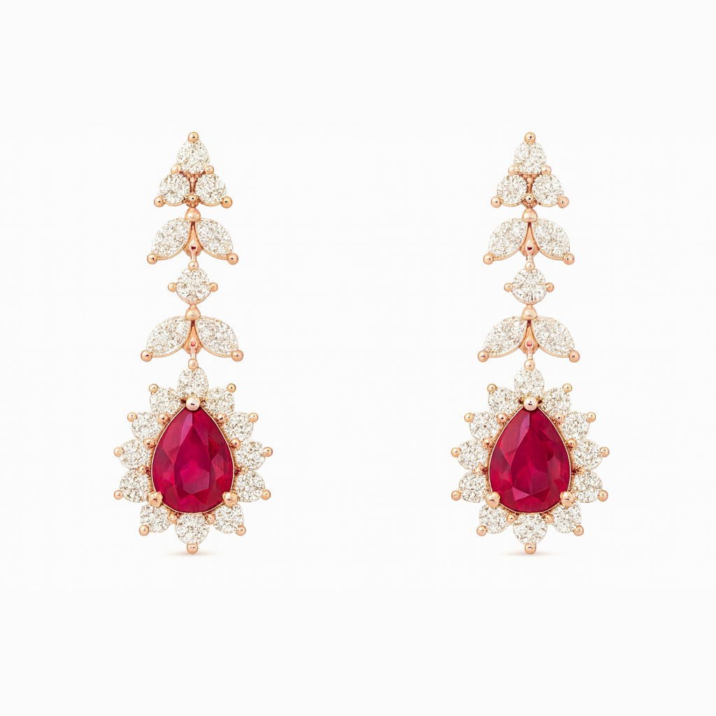 Certified Burma Heated Pear Cut Ruby with Natural Round Diamonds Halo Setting Drop Earrings