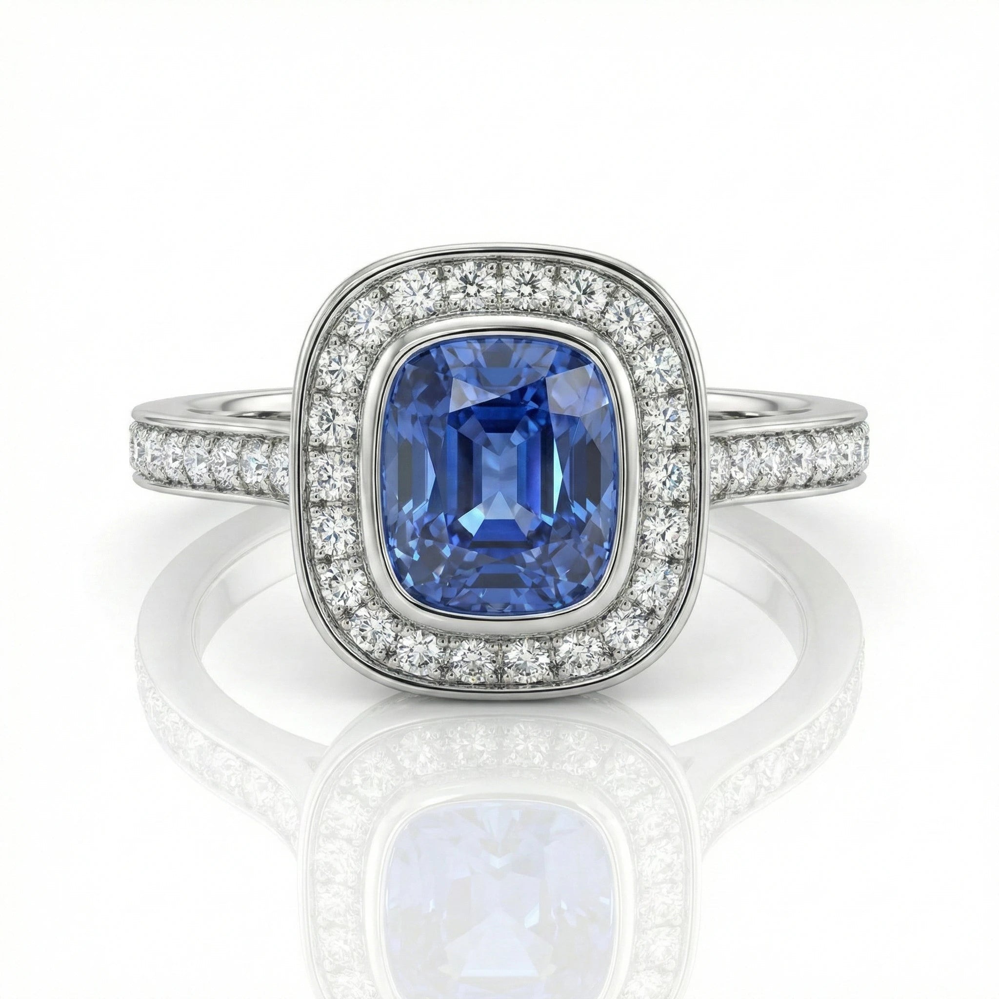 1.46ct Cushion Cut Blue Sapphire Halo Setting Engagement Ring Chloe's Jewellers
