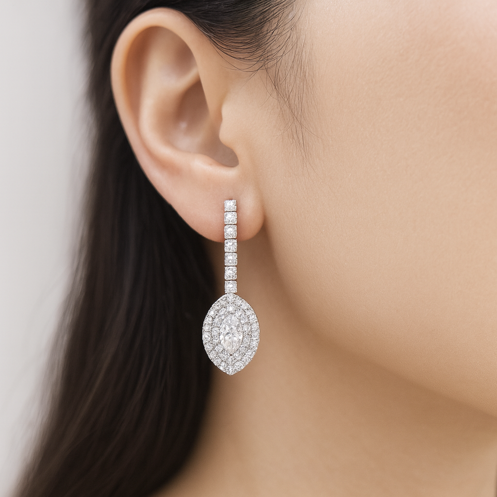 White Gold Marquise Diamond Double Halo Drop Earrings