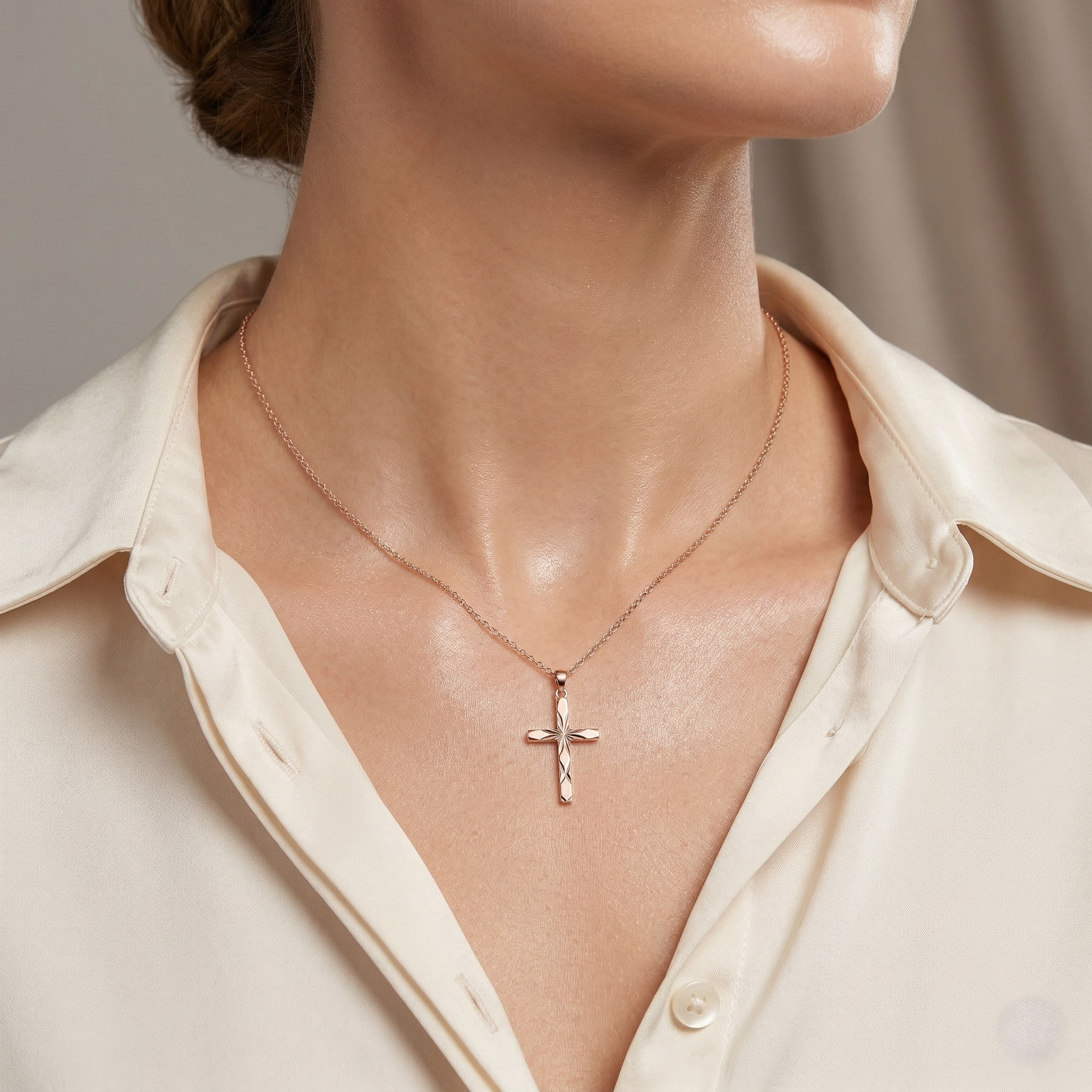 18K Rose Gold Cross Pendant Necklace, 16 Inches Chain