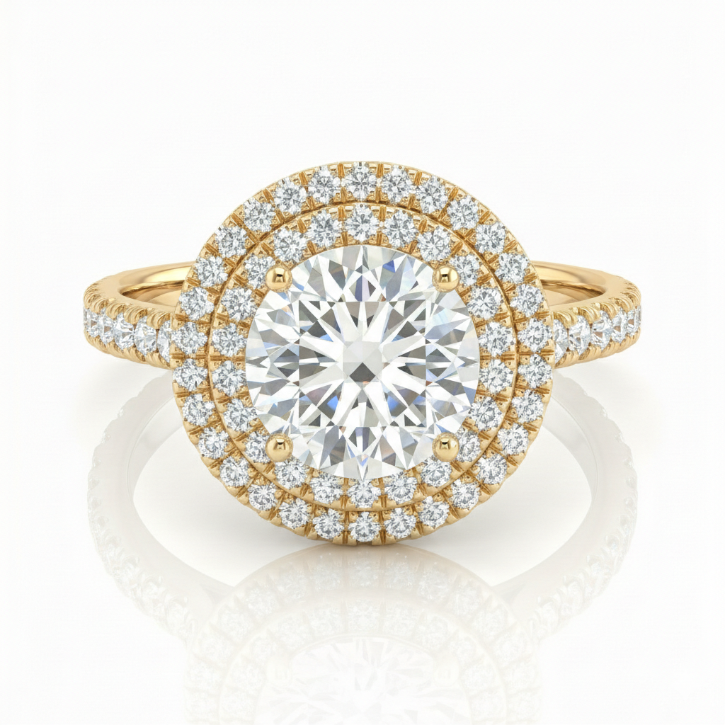 1.09ct Lab Diamond Ring – Double Halo, 18K Gold, Natural Side Stones Chloe's Jewellers