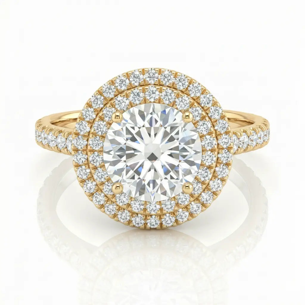 1.09ct Lab Diamond Ring – Double Halo, 18K Gold, Natural Side Stones Chloe's Jewellers