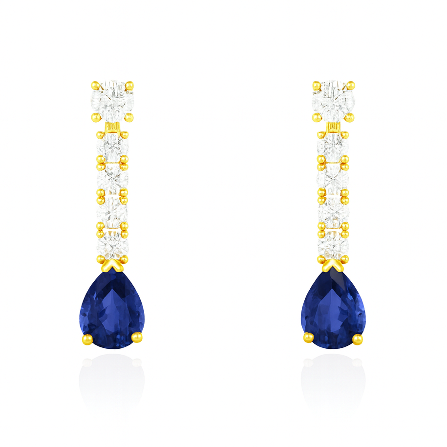 18K White Gold Detachable Round Stud & Pear Shape Blue Sapphire Drop Earrings 2.00ct Chloe's Jewellers