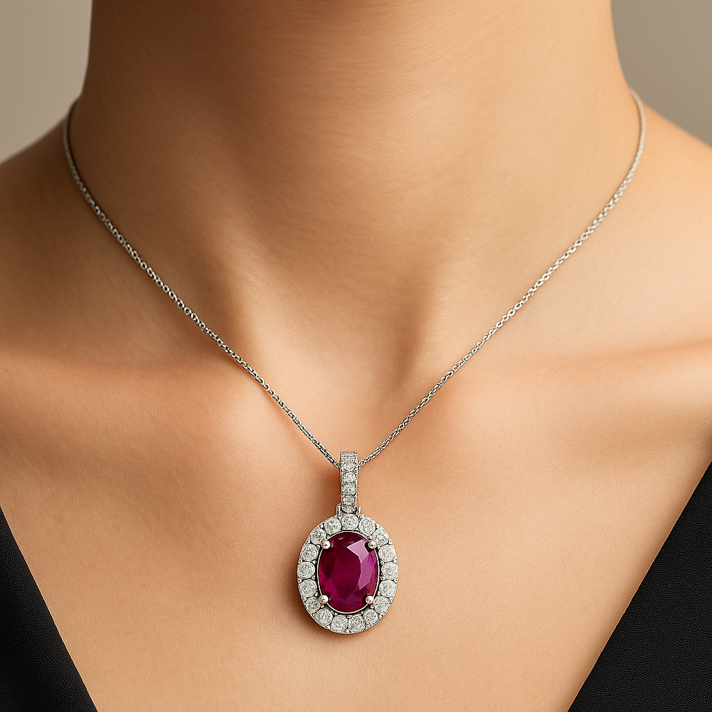 Oval cut Ruby Halo Setting Pendant Necklace 1.22CT