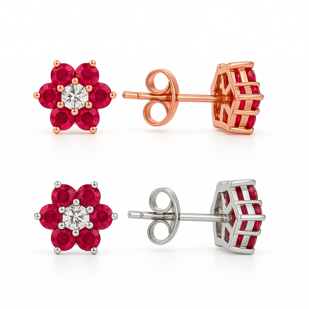 Cluster Setting With Centre Round Diamond and Halo Round Ruby Stud Earrings