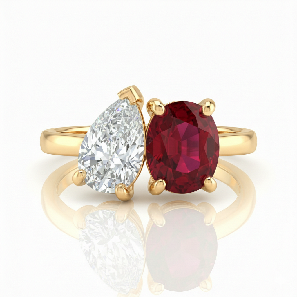 2 Stones Natural Pear & Burma Ruby Cushion Cut Engagement Ring Chloe's Jewellers