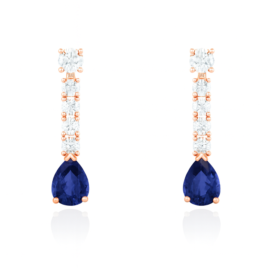 18K White Gold Detachable Round Stud & Pear Shape Blue Sapphire Drop Earrings 2.00ct Chloe's Jewellers