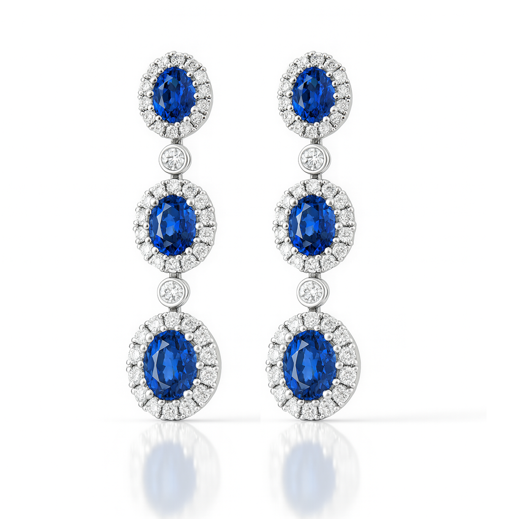 18K White Gold Oval Cut Blue Sapphire Halo Drop Earrings 1.20ct Chloe's Jewellers
