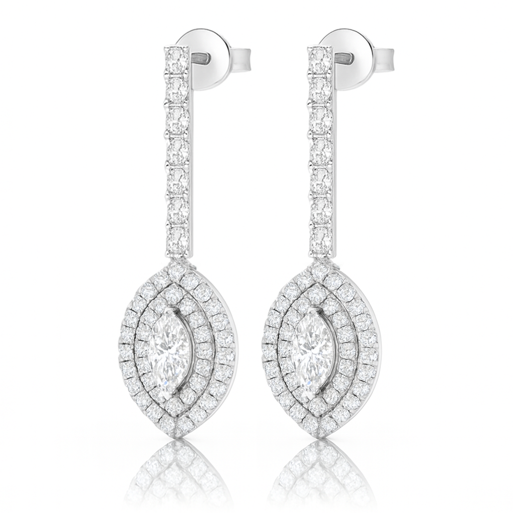 White Gold Marquise Diamond Double Halo Drop Earrings Chloe's Jewellers