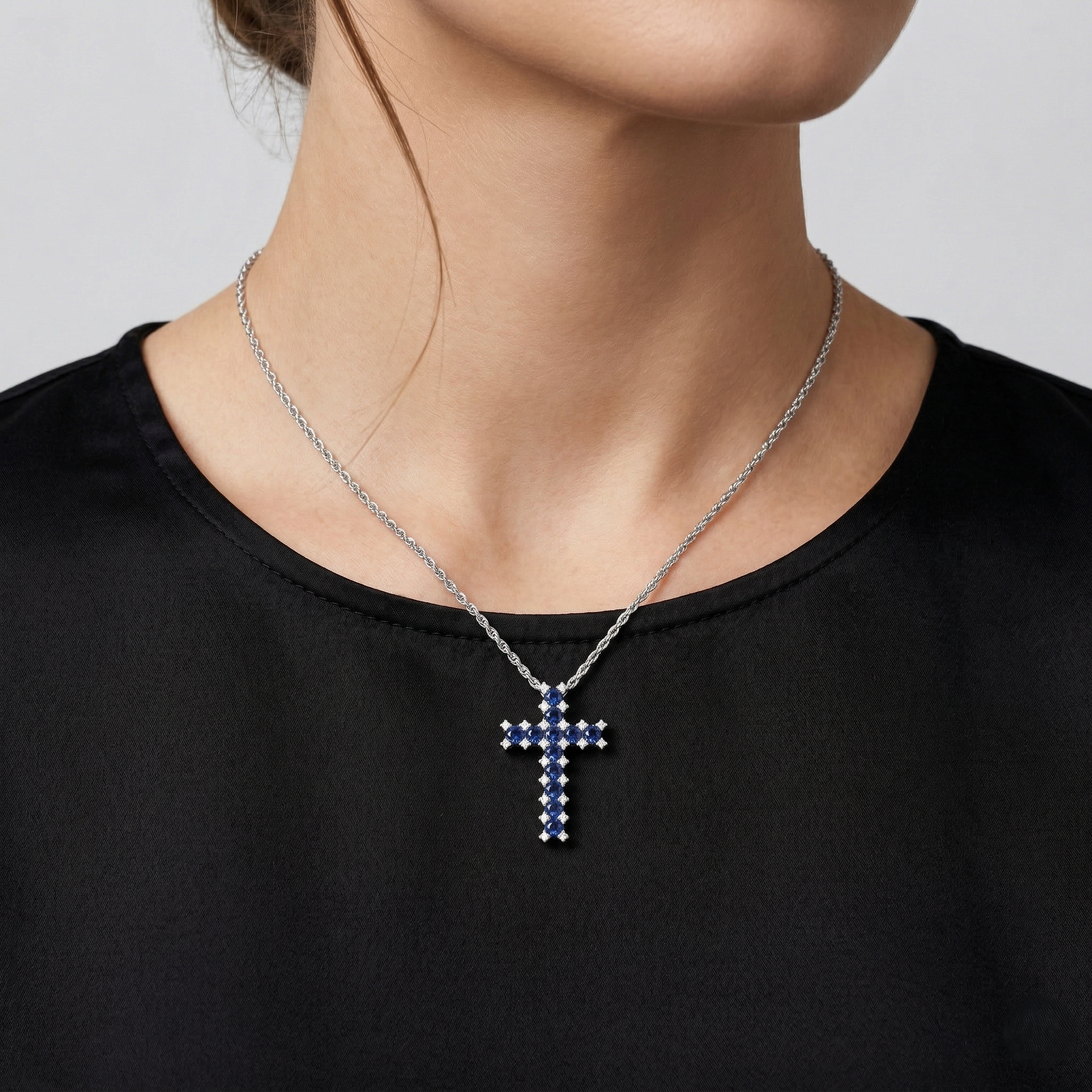 Blue Sapphire & Natural Diamond Cross Pendant Necklace in 18K White Gold