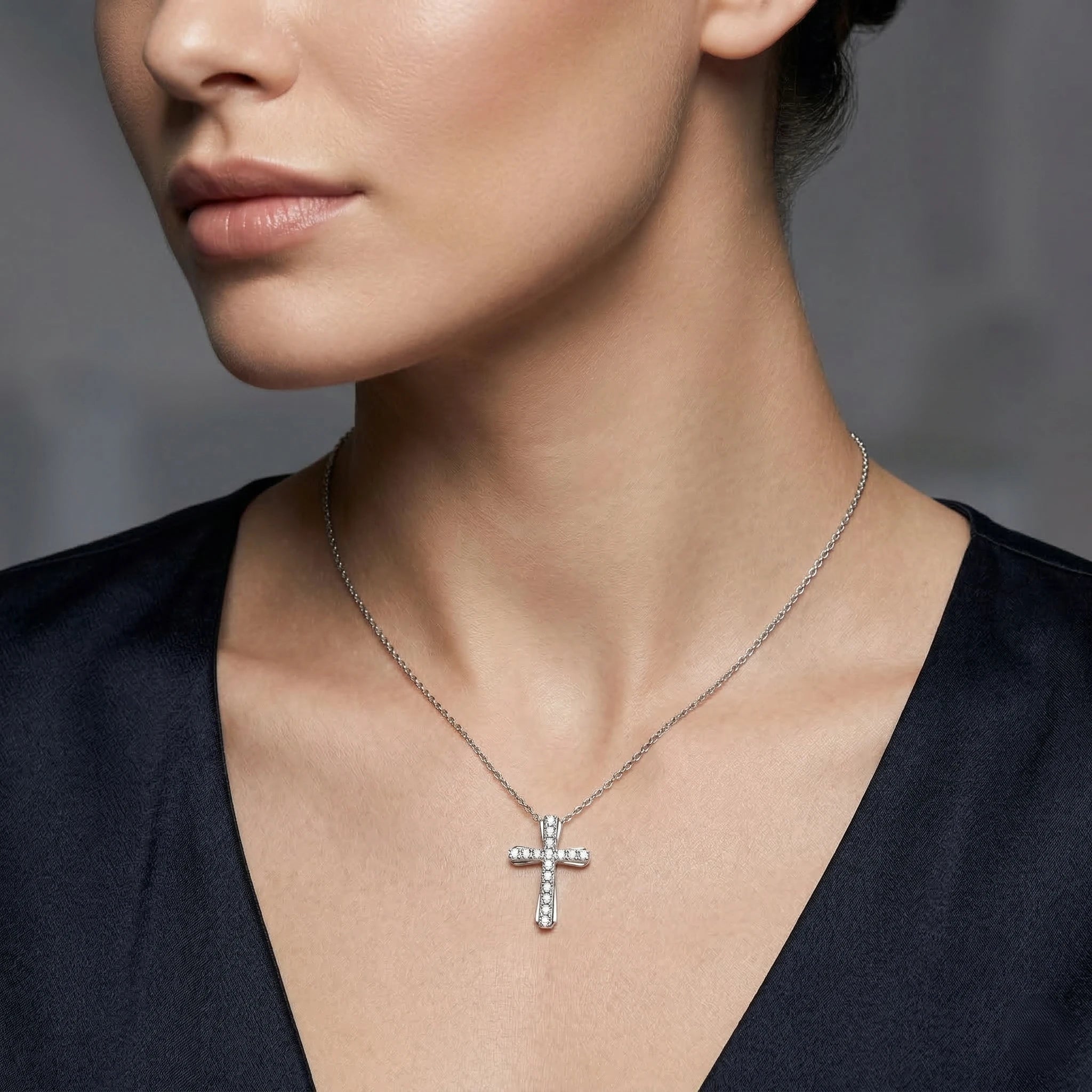 0.25ct Natural Diamond Cross Pendant Necklace in 18K White Gold