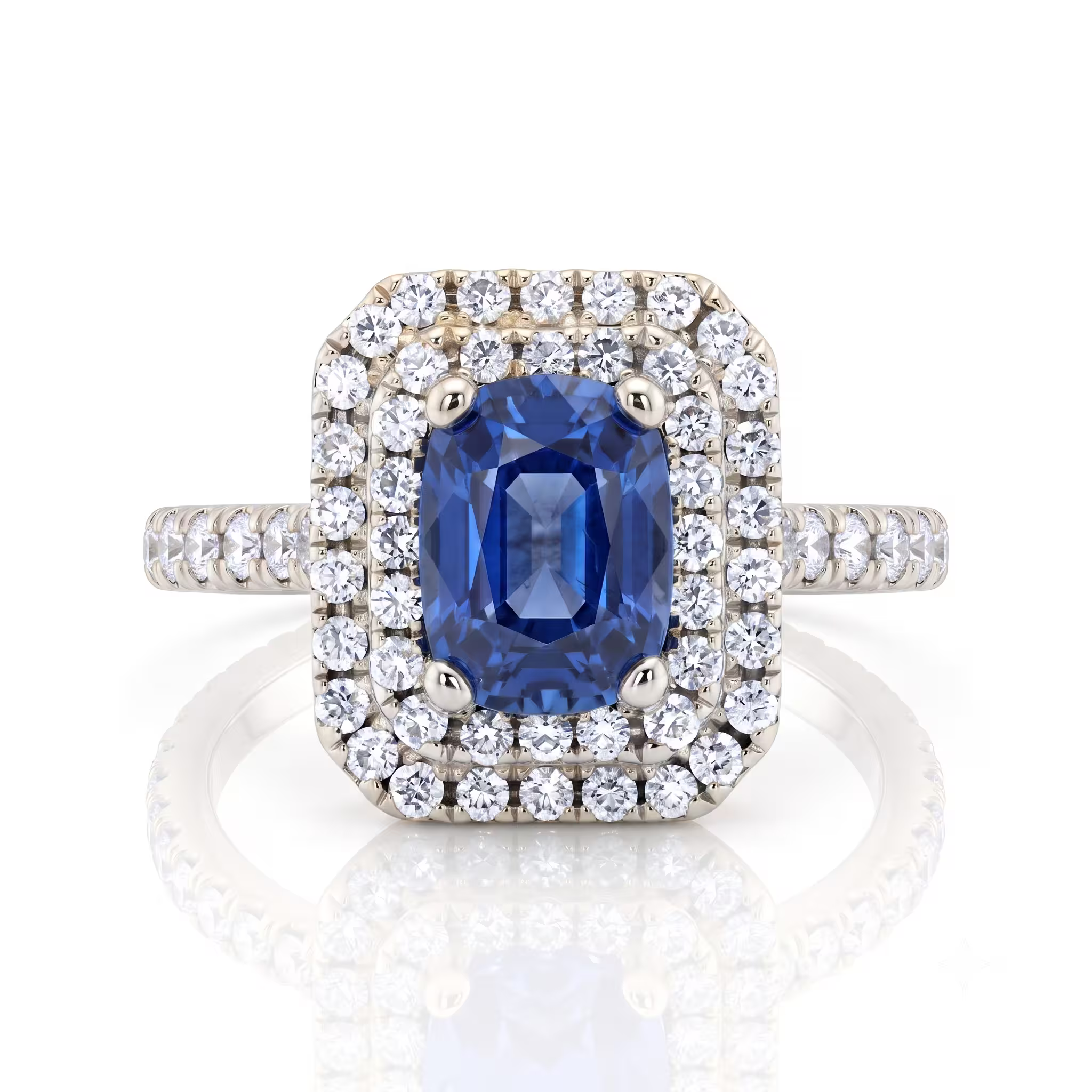 1.10ct Cushion Cut Blue Sapphire Double Halo Set Engagement Ring - 18K Gold Chloe's Jewellers