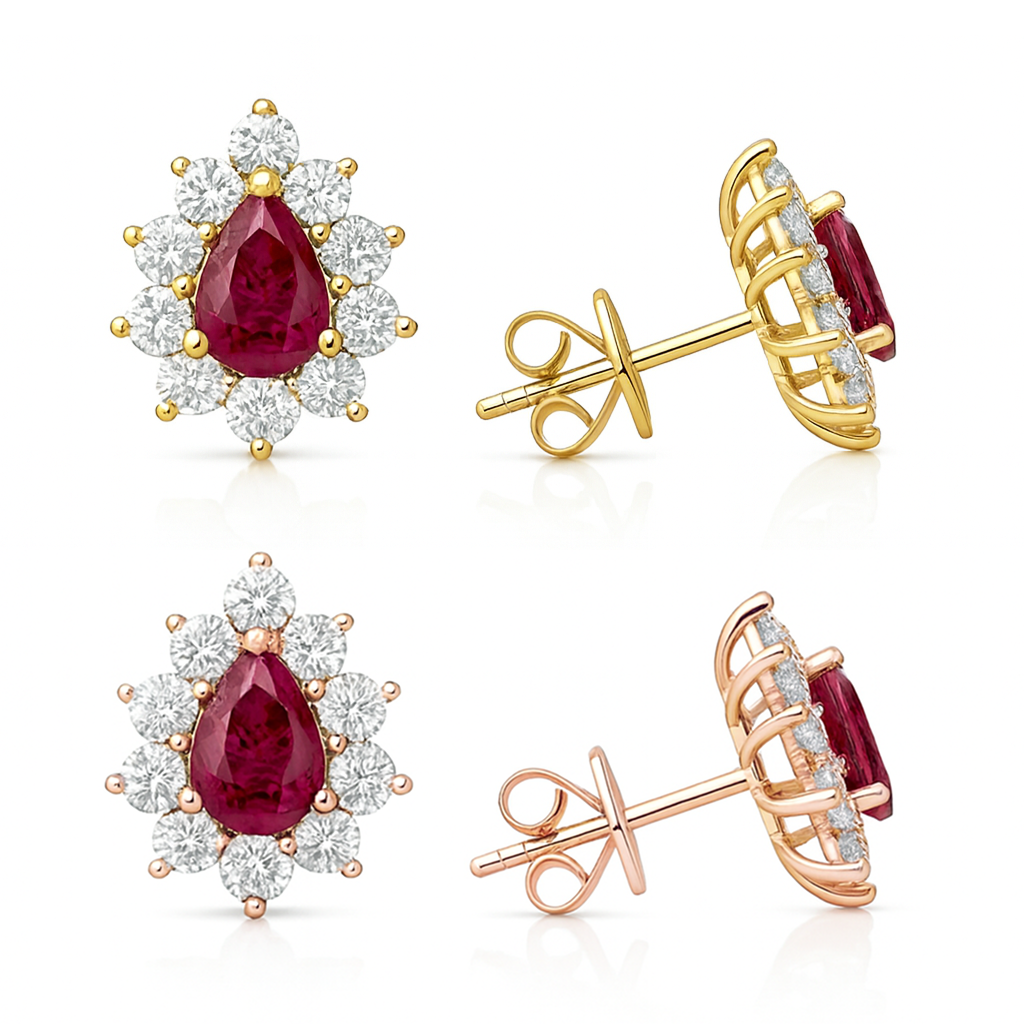 Pear cut Ruby with Natural Round Shape Halo Setting Earrings 18K White Gold Chloe's Jewellers