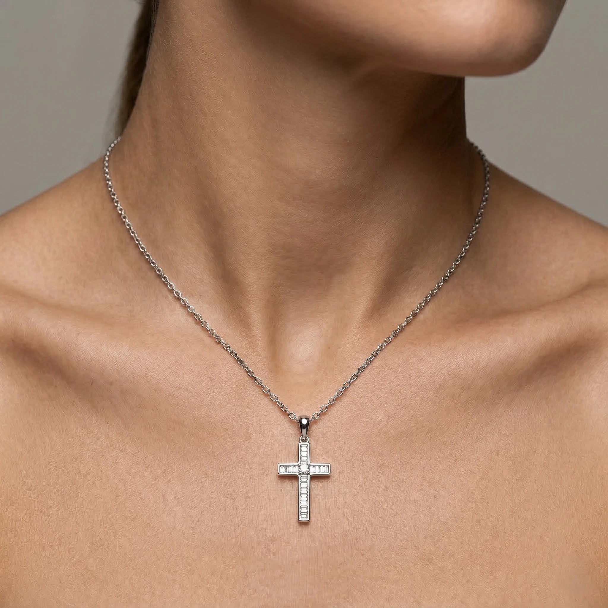 0.20ct Mix Round & Baguette Natural Diamond Cross Pendant Necklace in 18K White Gold Chloe's Jewellers