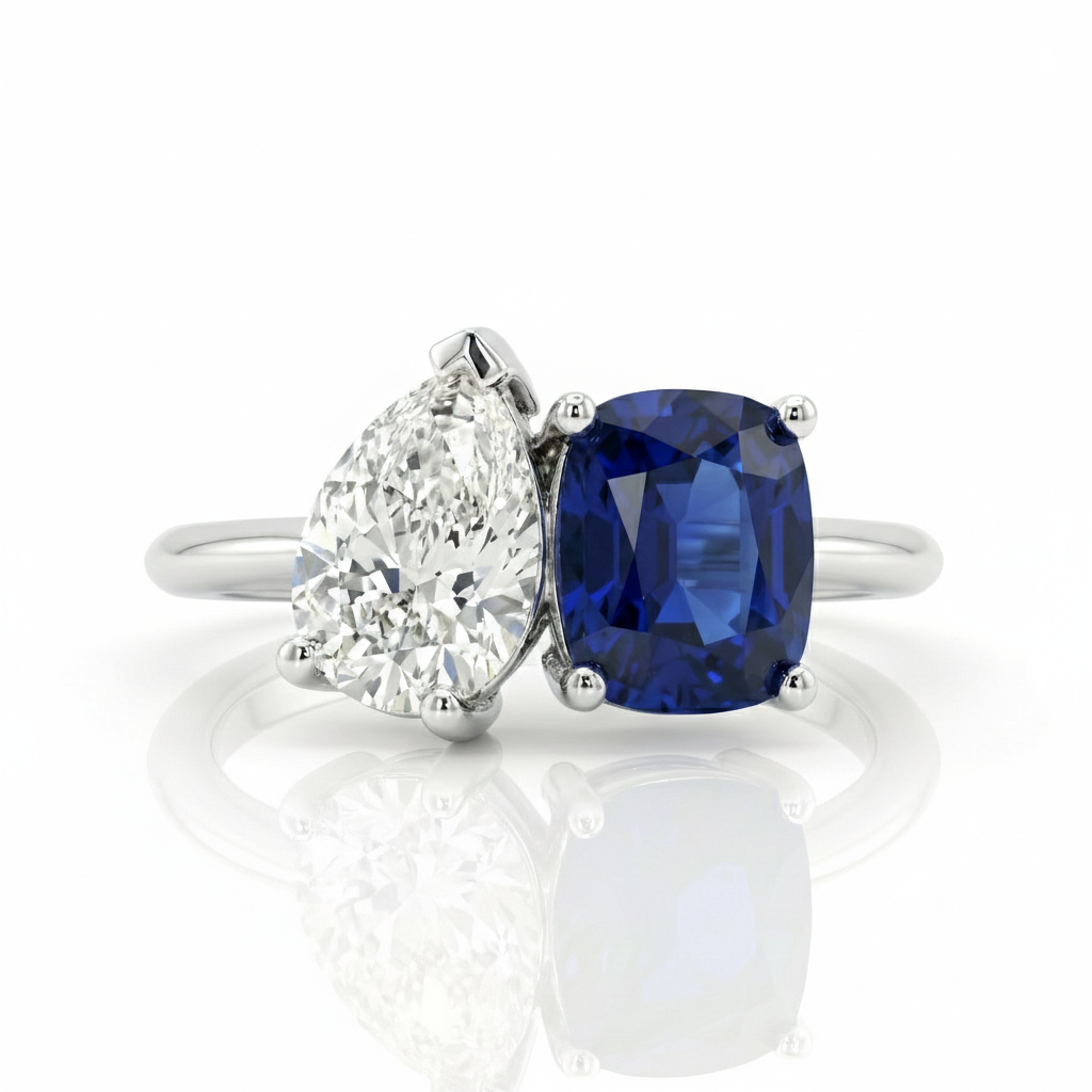 2 Stones Natural Pear & Blue Sapphire Cushion Cut Engagement Ring