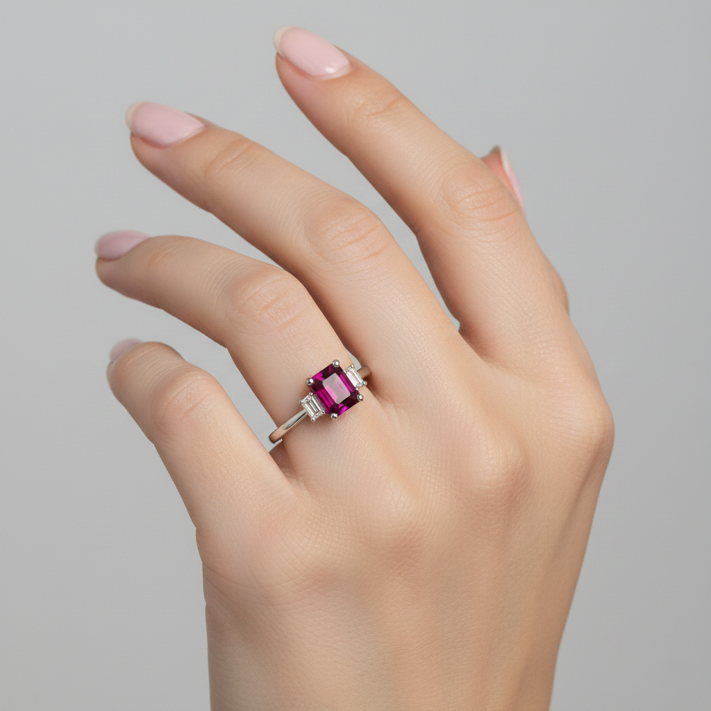 1.18ct Ruby Engagement Ring – Emerald Cut, Baguette Sides, 18K Gold Chloe's Jewellers