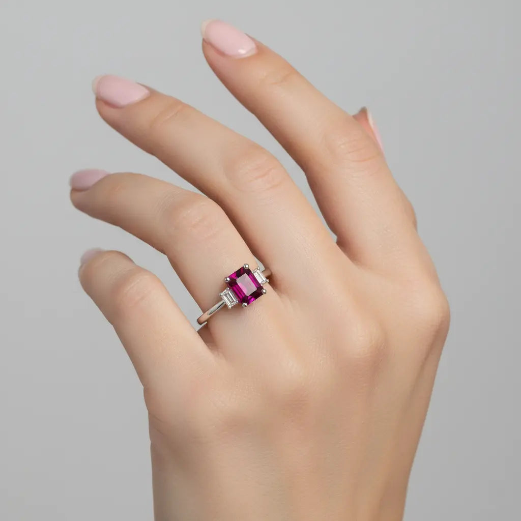 1.18ct Ruby Engagement Ring – Emerald Cut, Baguette Sides, 18K Gold Chloe's Jewellers