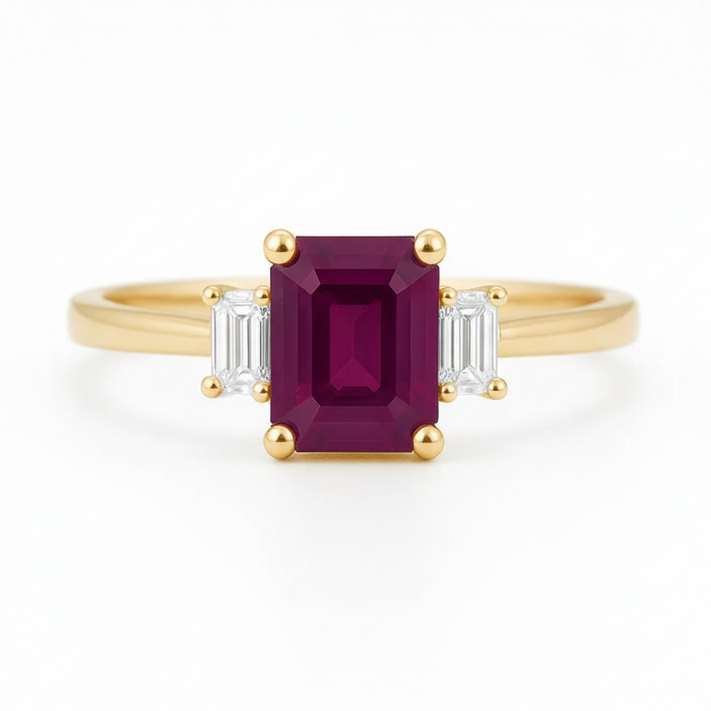 1.18ct Ruby Engagement Ring – Emerald Cut, Baguette Sides, 18K Gold Chloe's Jewellers