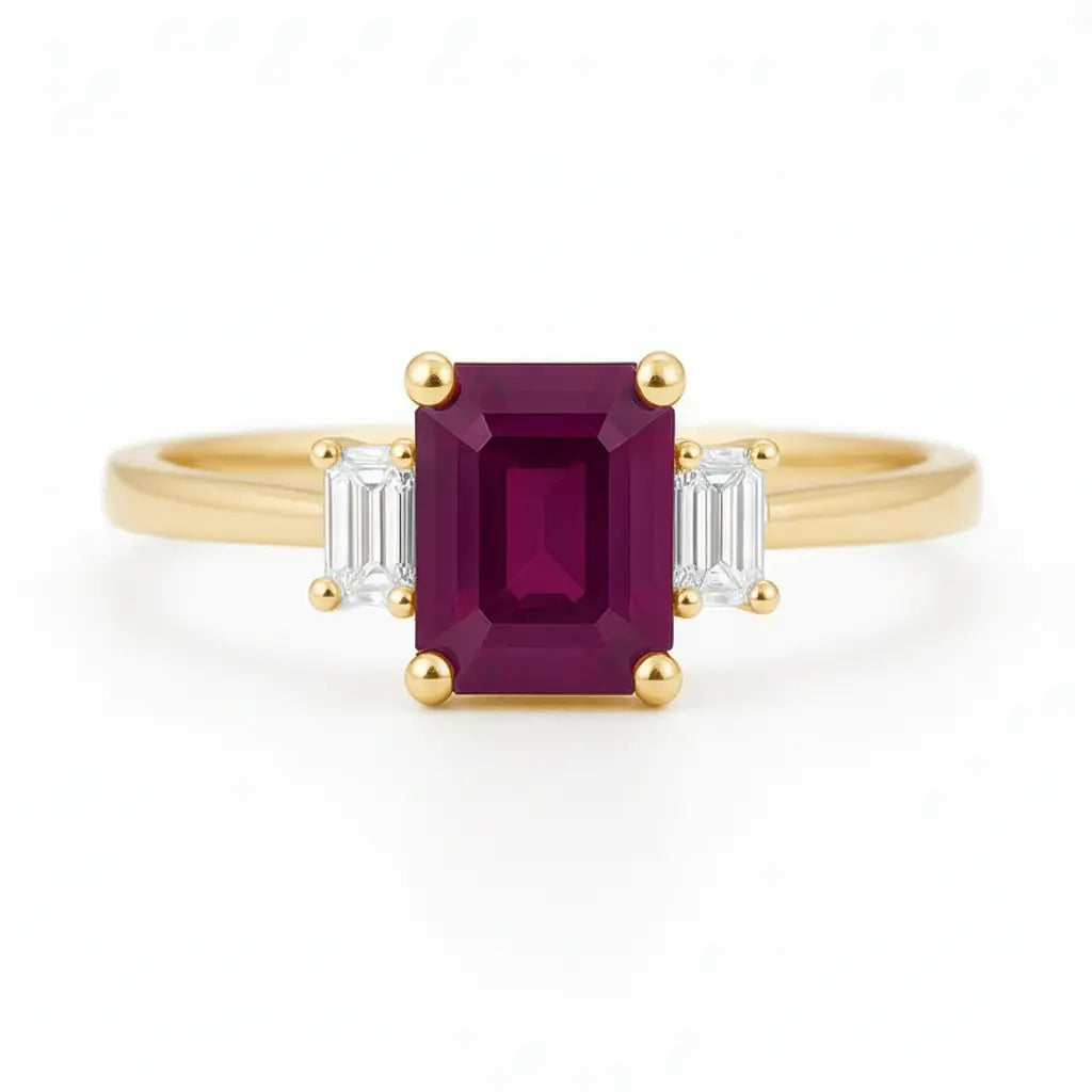1.18ct Ruby Engagement Ring – Emerald Cut, Baguette Sides, 18K Gold Chloe's Jewellers